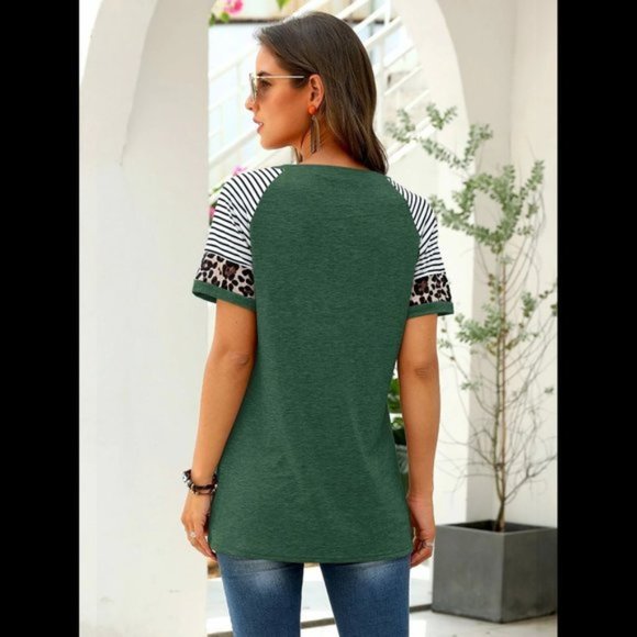Green T-Shirt w/ Striped and Leopard Print sleeves - Picture 2 of 6